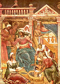 Рождение сына сунаметянки. Сцена из Деяний пророка Елисея. Фрагмент фрески